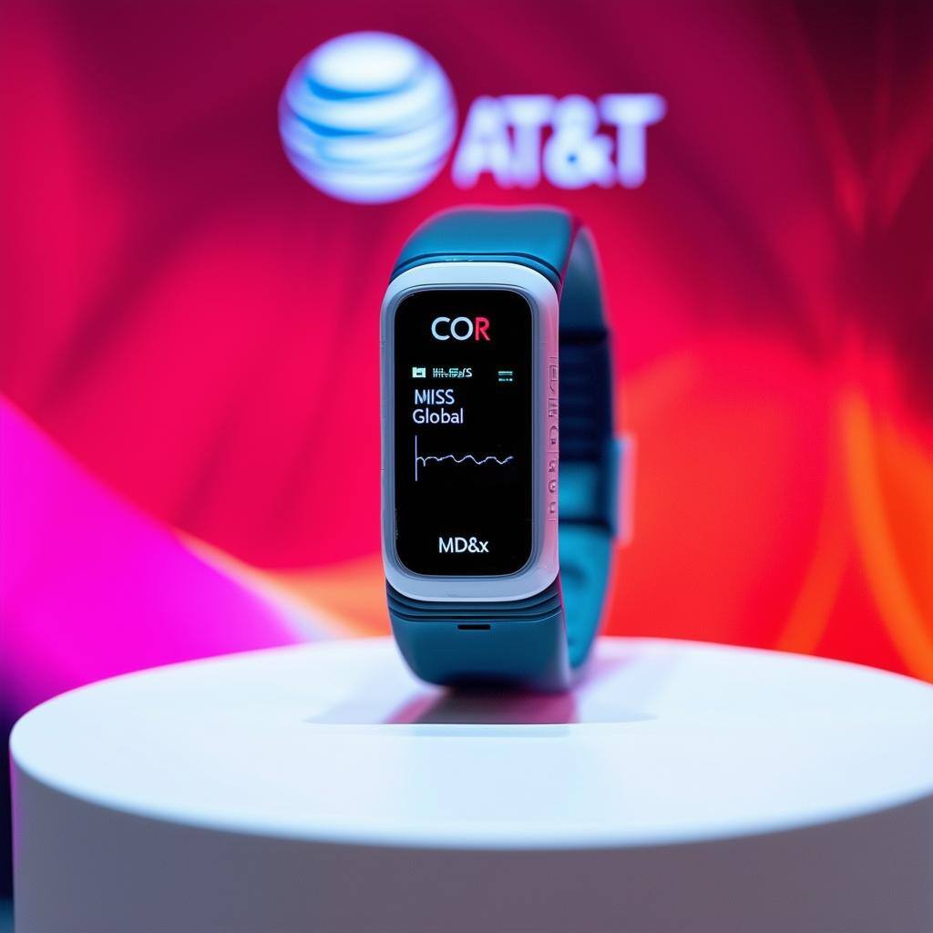 The image showcases the Cor MDx, a sleek, compact wearable device designed for cardiac monitoring, prominently displayed at the HIMSS Global Health Co The image showcases the Cor MDx, a sleek, compact wearable device designed for cardiac monitoring, prominently displayed at the HIMSS Global Health Co
